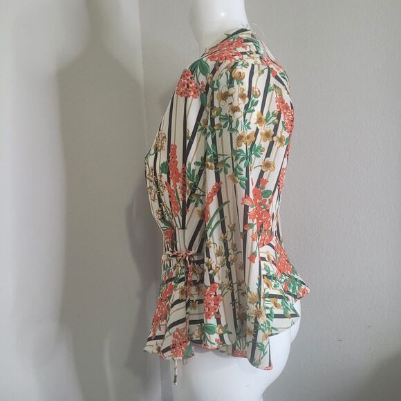 Zara Basic Small blouse top striped floral v-neck open bell sleeve drawstring - Picture 5 of 12